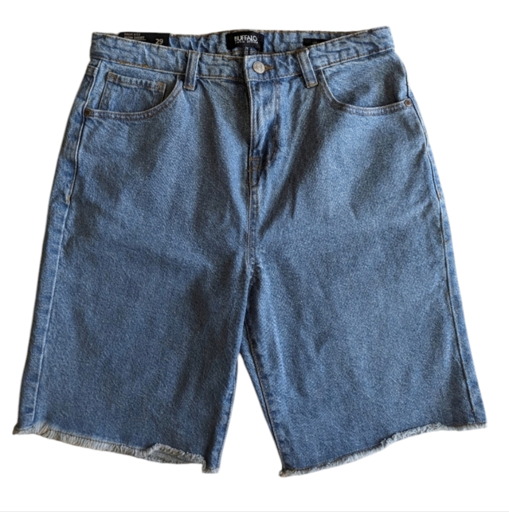 Buffalo David Bitton Lulu High Rise Denim Mom Shorts Size 29 Frayed Hem Fringe